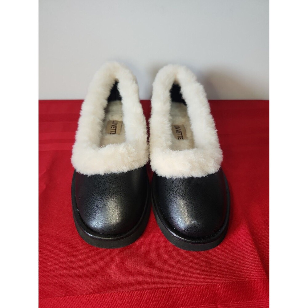 LUVVETTE Odette Ballet Flat Slippers Black Faux Leather Cozy Faux Fur Lining 7